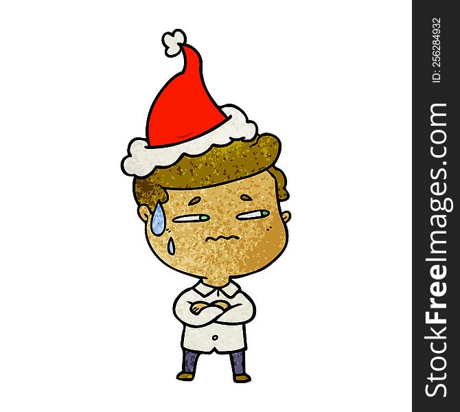 textured cartoon of a anxious man wearing santa hat