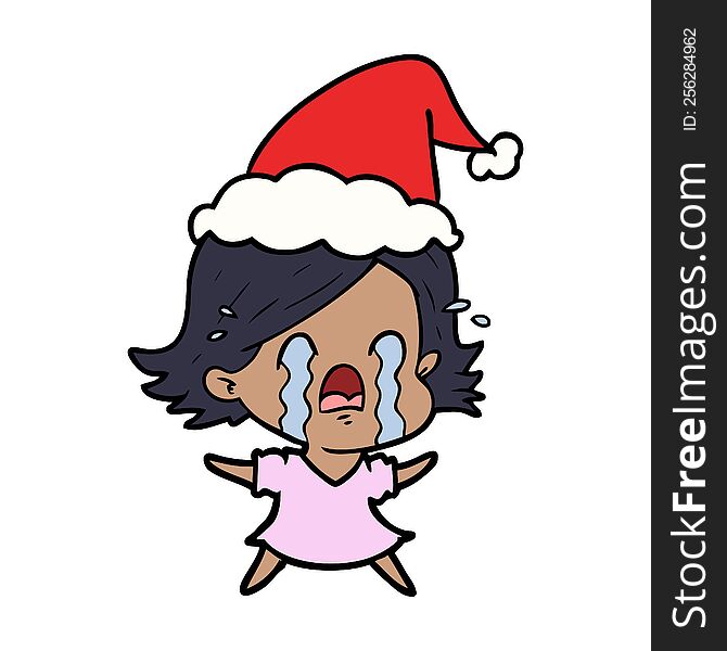 Line Drawing Of A Woman Crying Wearing Santa Hat