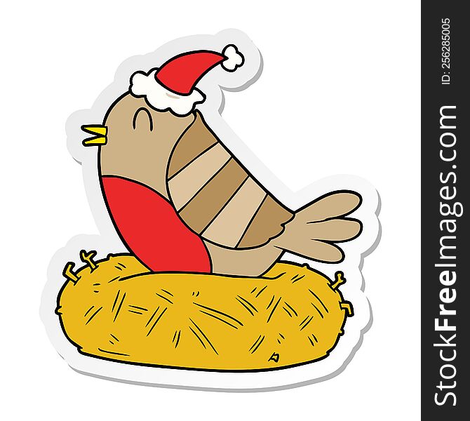 Sticker Cartoon Of A Bird Sitting On Nest Wearing Santa Hat