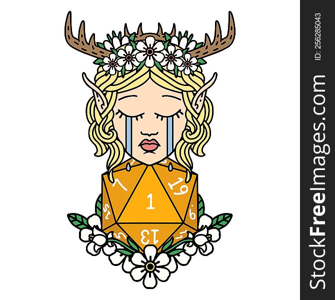 Retro Tattoo Style crying elf druid character face with natural one D20 roll. Retro Tattoo Style crying elf druid character face with natural one D20 roll