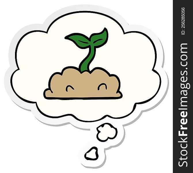 cartoon growing seedling with thought bubble as a printed sticker