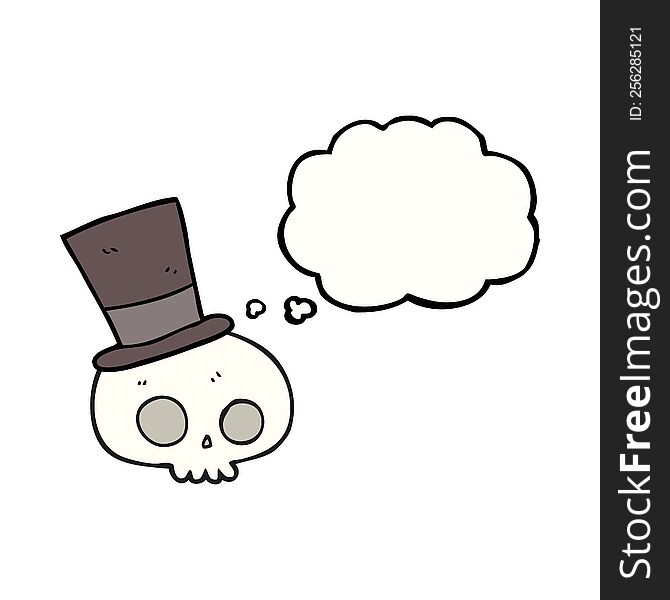 freehand drawn thought bubble cartoon skull wearing top hat