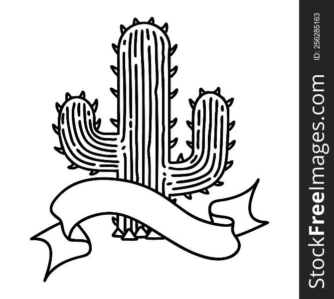 Black Linework Tattoo With Banner Of A Cactus