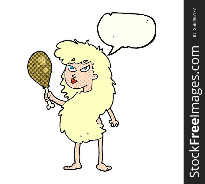 freehand drawn comic book speech bubble cartoon cavewoman with meat