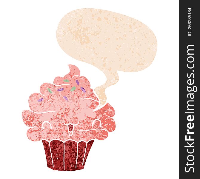 Cute Cartoon Frosted Cupcake And Speech Bubble In Retro Textured Style