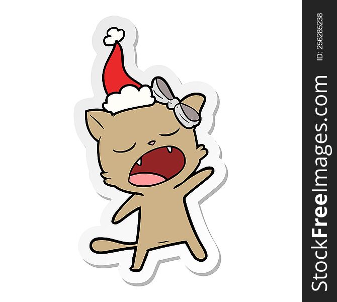 Sticker Cartoon Of A Singing Cat Wearing Santa Hat
