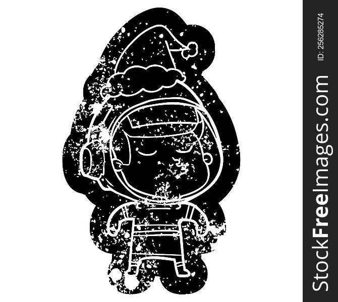 quirky cartoon distressed icon of a confident astronaut wearing santa hat