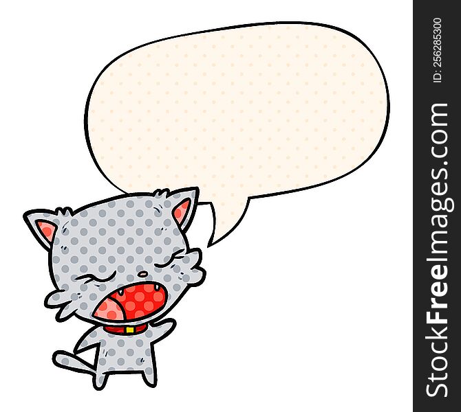 cute cartoon cat talking with speech bubble in comic book style