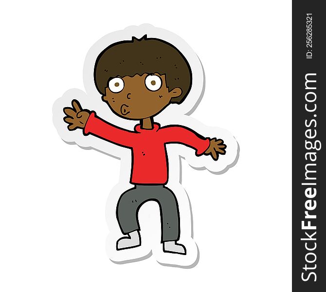 sticker of a cartoon boy waving warning