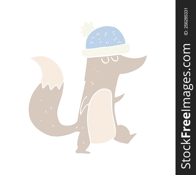 flat color illustration of little wolf wearing hat. flat color illustration of little wolf wearing hat