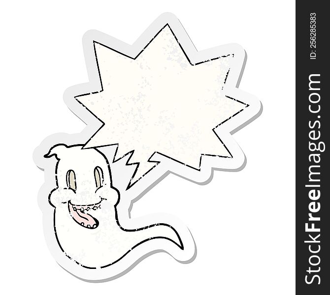 Cartoon Spooky Ghost And Speech Bubble Distressed Sticker