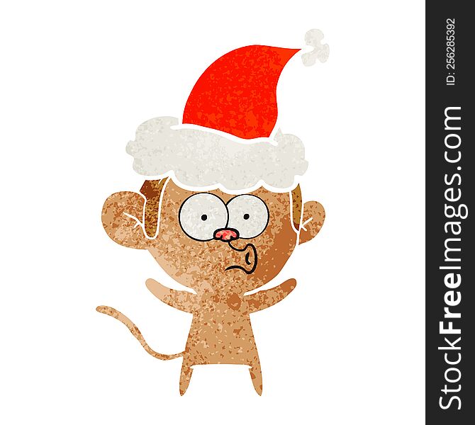 hand drawn retro cartoon of a surprised monkey wearing santa hat
