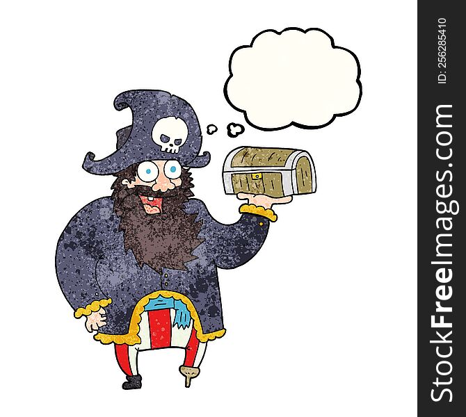 Thought Bubble Textured Cartoon Pirate Captain With Treasure Chest