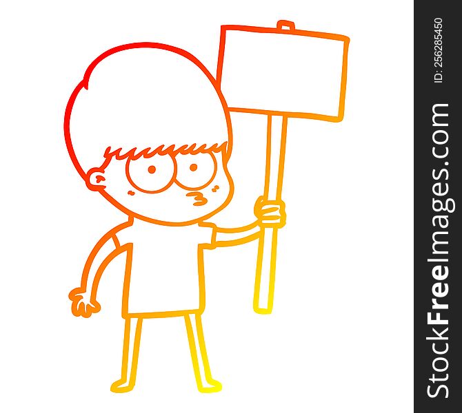 warm gradient line drawing of a nervous cartoon boy holding placard