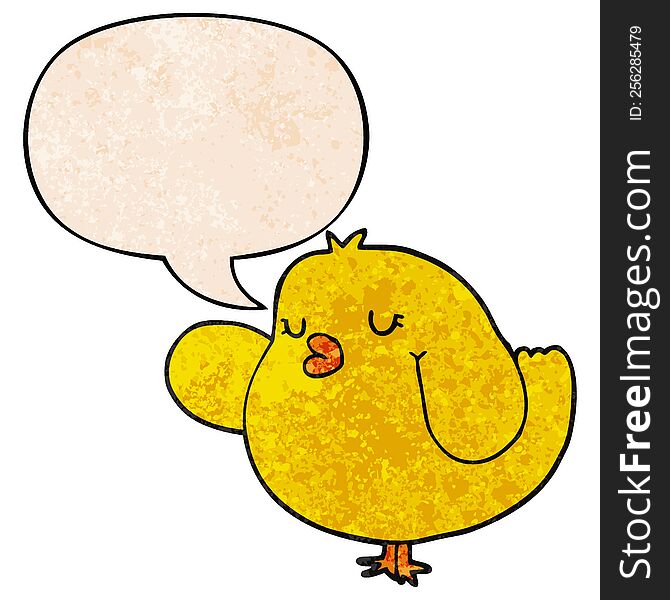 cartoon bird with speech bubble in retro texture style