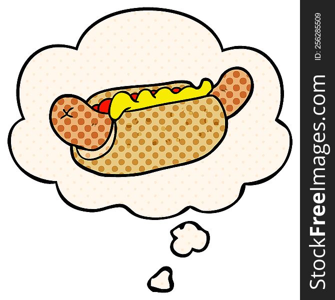 cartoon hot dog with thought bubble in comic book style