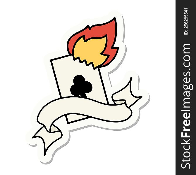 tattoo style sticker with banner of a flaming card