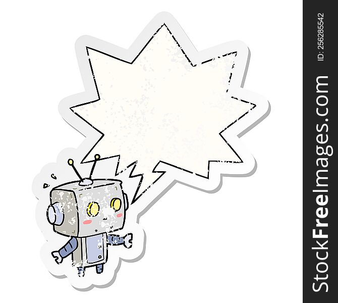 Cute Cartoon Surprised Robot And Speech Bubble Distressed Sticker