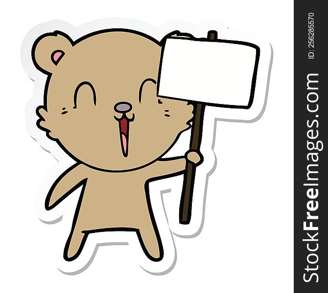 Sticker Of A Happy Cartoon Bear With Placard