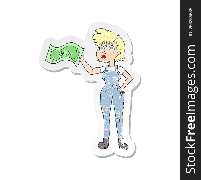 retro distressed sticker of a cartoon confident farmer woman with money