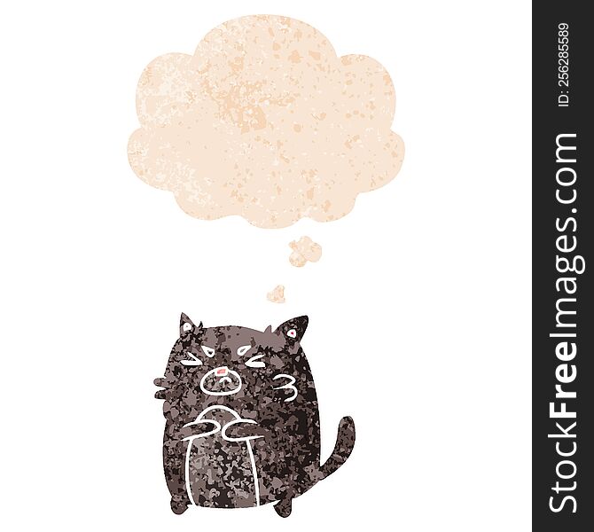 cartoon angry cat with thought bubble in grunge distressed retro textured style. cartoon angry cat with thought bubble in grunge distressed retro textured style