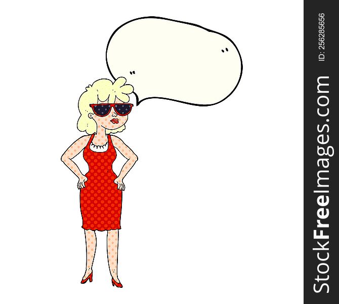 freehand drawn comic book speech bubble cartoon woman wearing sunglasses