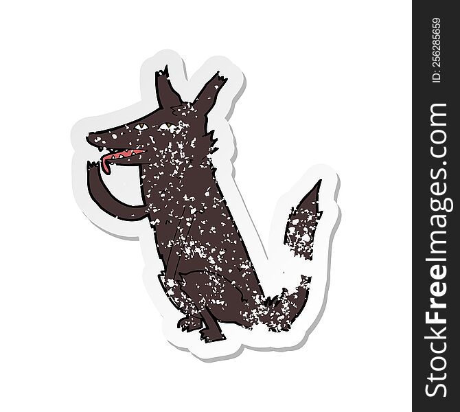 Retro Distressed Sticker Of A Cartoon Wolf Licking Paw