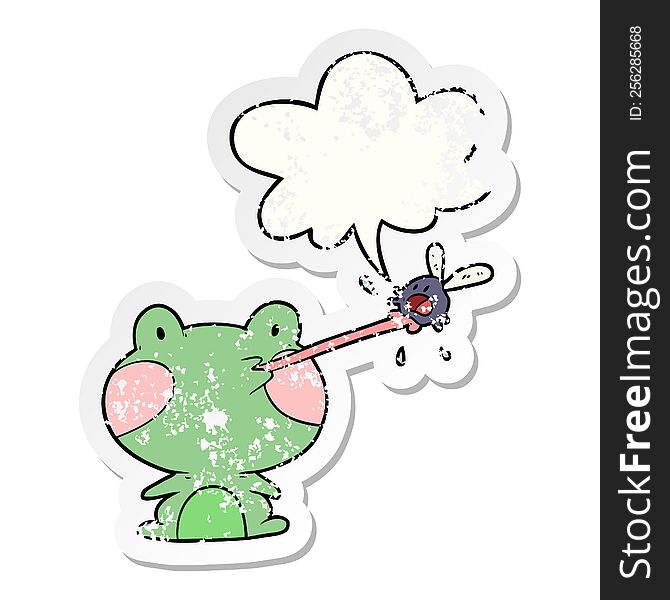 cute cartoon frog catching fly and tongue and speech bubble distressed sticker