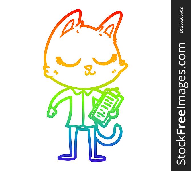 Rainbow Gradient Line Drawing Calm Cartoon Cat With Clipboard