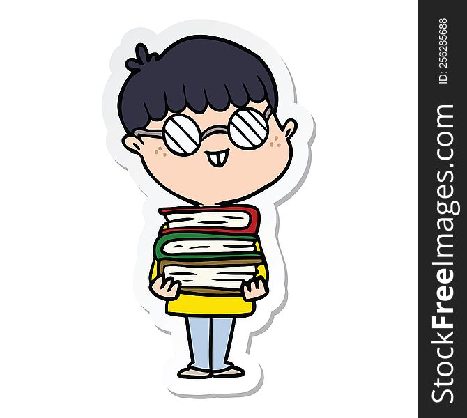 sticker of a cartoon nerd boy with spectacles and book