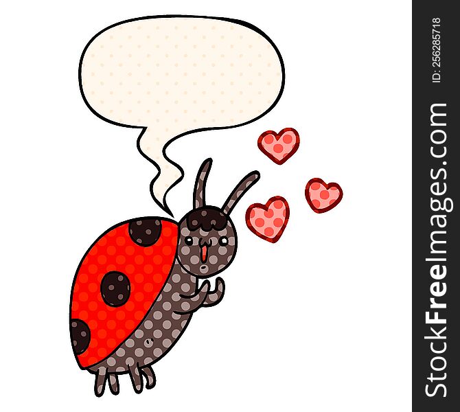 Cute Cartoon Ladybug In Love And Speech Bubble In Comic Book Style
