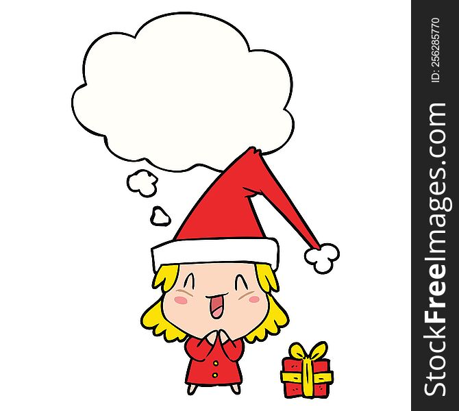 cartoon girl wearing christmas hat with thought bubble
