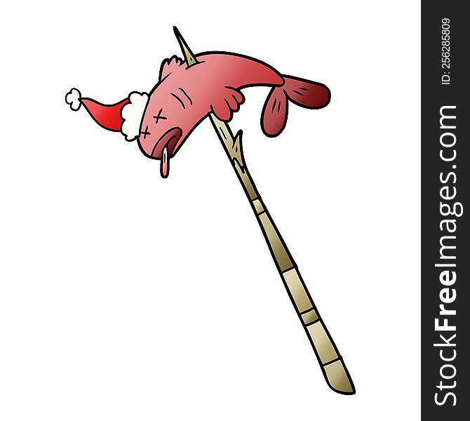 hand drawn gradient cartoon of a fish speared wearing santa hat