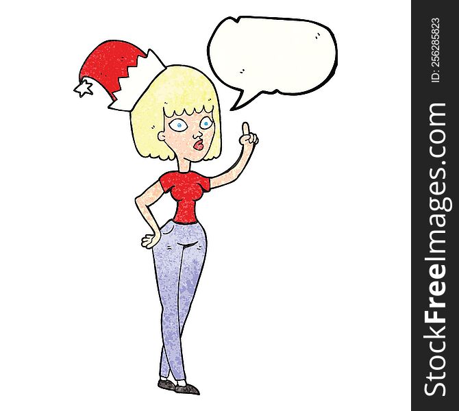 freehand speech bubble textured cartoon woman wearing christmas hat