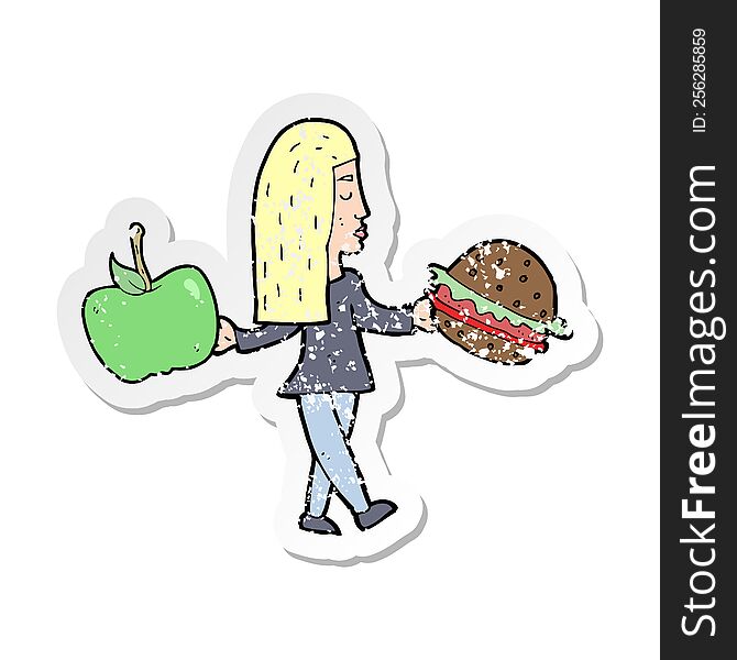 retro distressed sticker of a cartoon woman deciding to eat healthy
