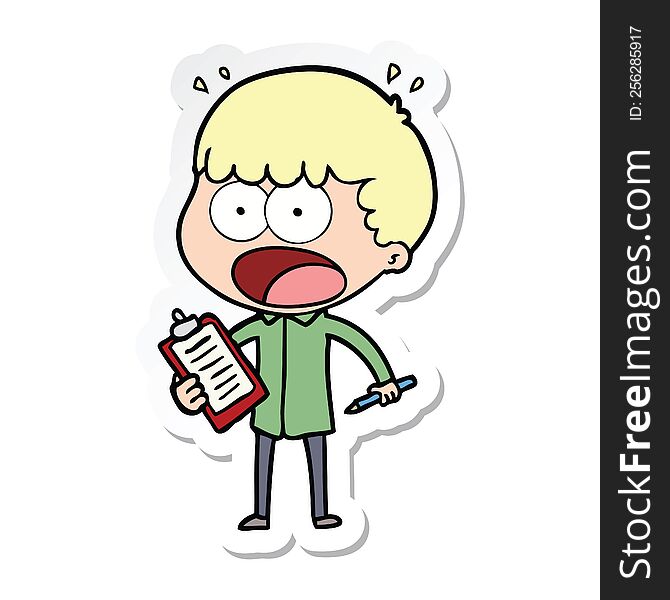 sticker of a cartoon shocked man with clipboard and pen