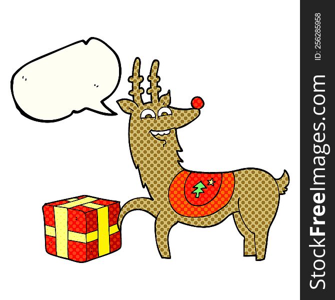 freehand drawn comic book speech bubble cartoon christmas reindeer with present