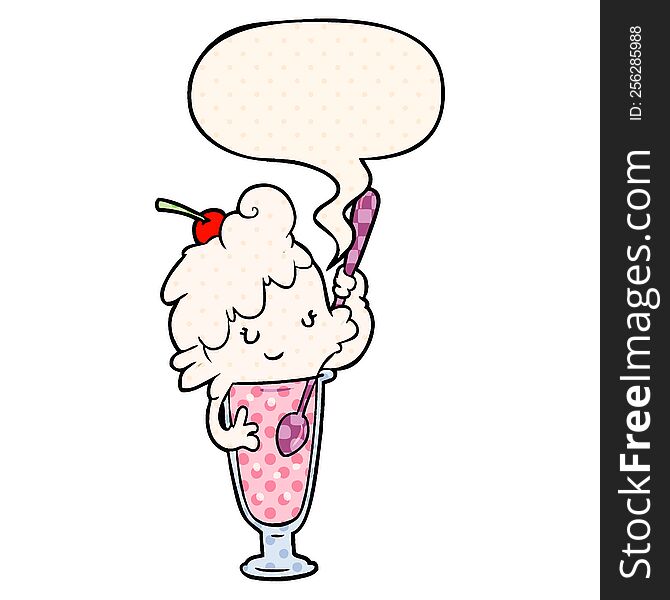 cartoon ice cream soda girl with speech bubble in comic book style