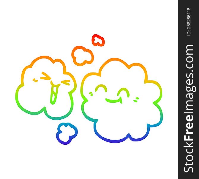 rainbow gradient line drawing of a cartoon white happy clouds