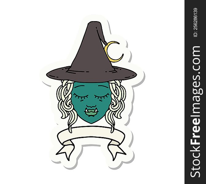 sticker of a half orc witch character face with banner. sticker of a half orc witch character face with banner
