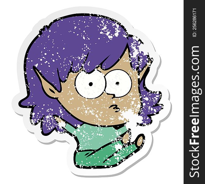 distressed sticker of a cartoon elf girl staring