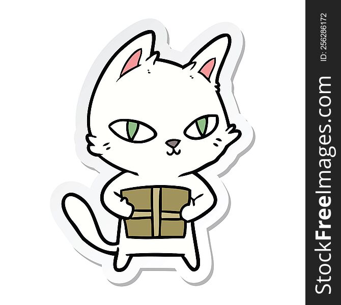 Sticker Of A Cartoon Cat Holding Parcel