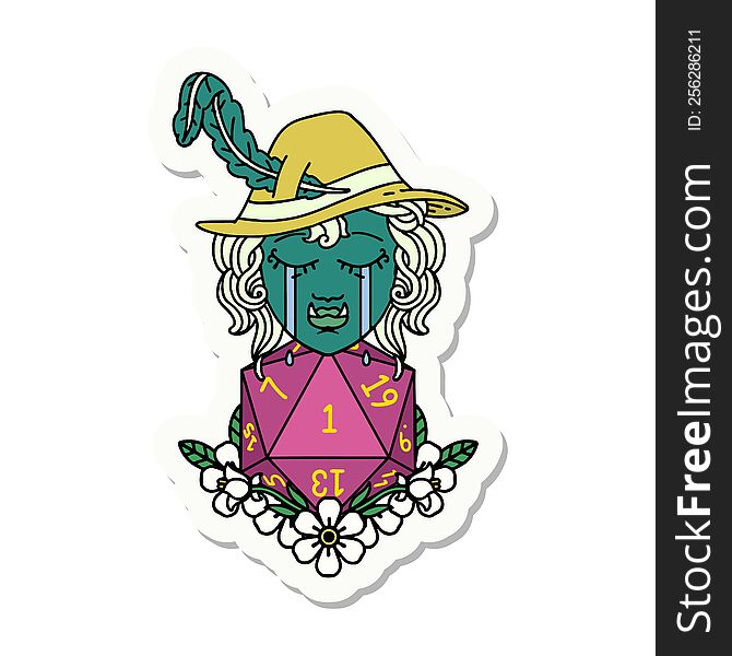 sticker of a sad half orc bard character with natural one d20 roll. sticker of a sad half orc bard character with natural one d20 roll