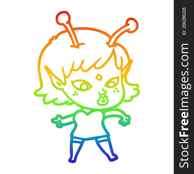 Rainbow Gradient Line Drawing Pretty Cartoon Alien Girl
