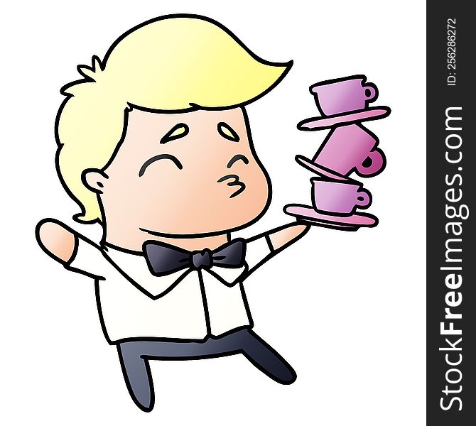 gradient cartoon illustration of a kawaii cute waiter. gradient cartoon illustration of a kawaii cute waiter