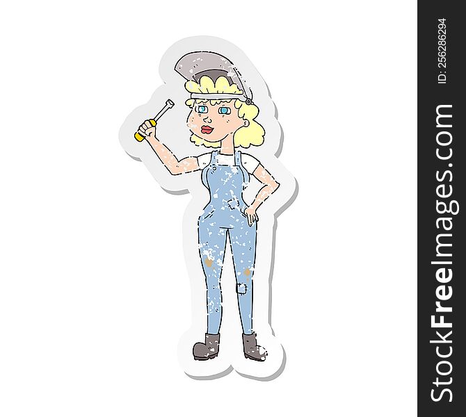 Retro Distressed Sticker Of A Cartoon Female Mechanic