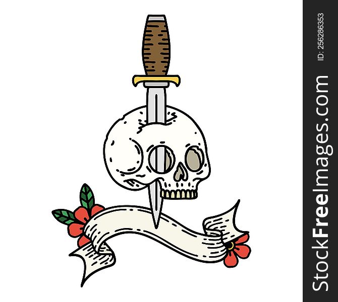 Tattoo With Banner Of A Skull And Dagger