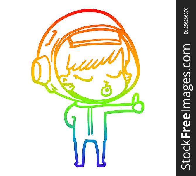 rainbow gradient line drawing of a cartoon pretty astronaut girl giving thumbs up