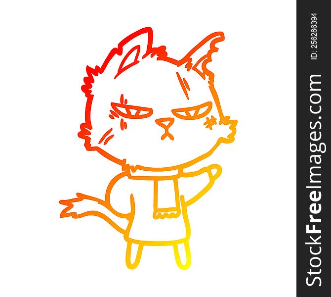 warm gradient line drawing of a tough cartoon cat in winter scarf