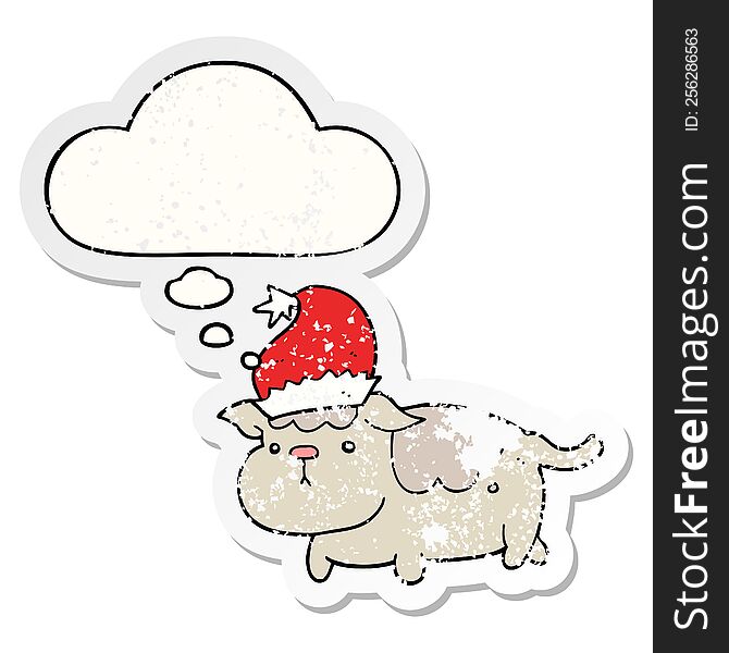 Cute Christmas Dog And Thought Bubble As A Distressed Worn Sticker